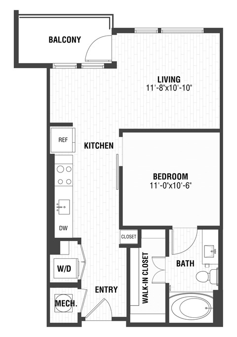 Floor plan for 1 bed, 1 bath, 644 sqft